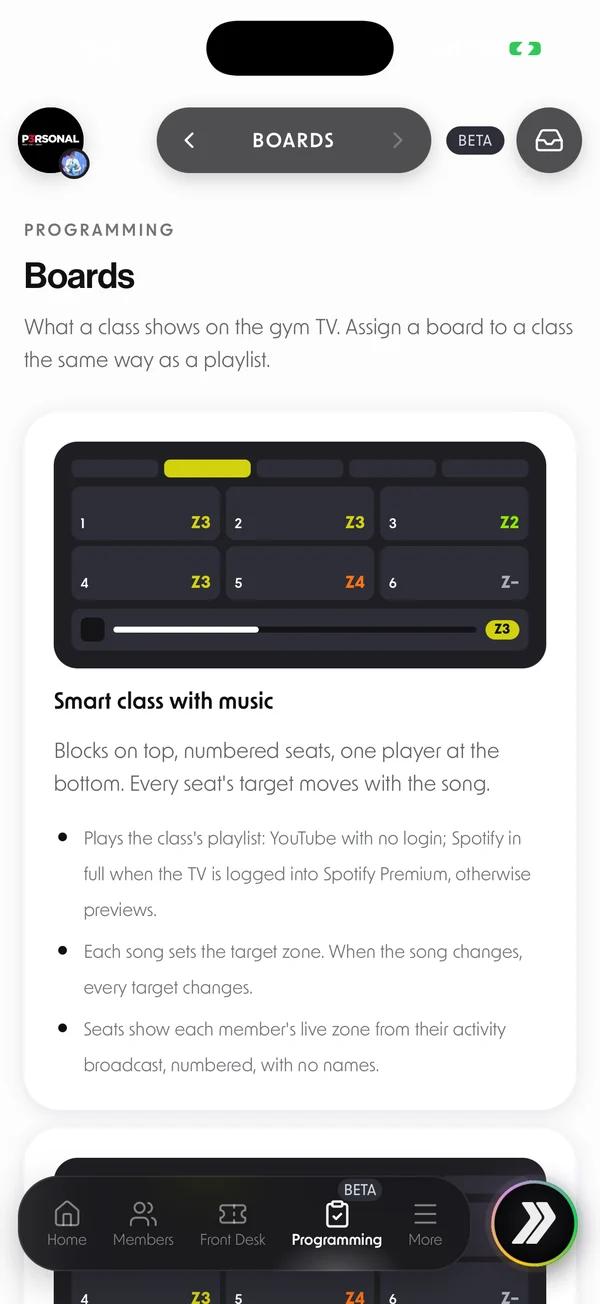 Betterness One Coaching: Boards, the smart class shown on the gym TV