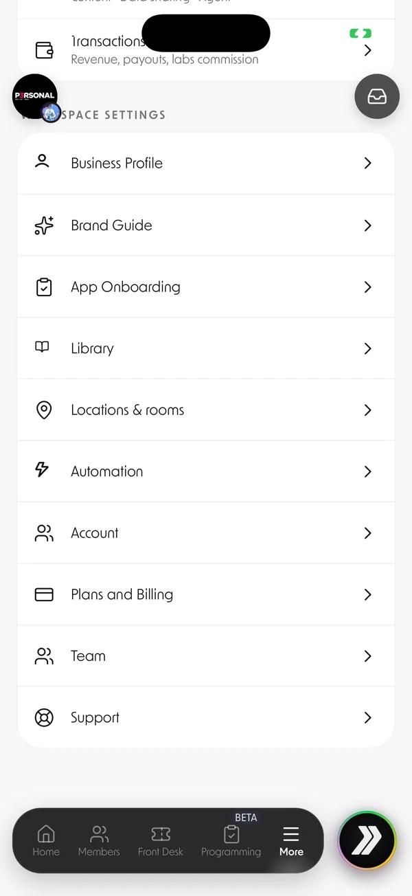 Betterness One space settings: business profile, brand guide, locations, team and billing