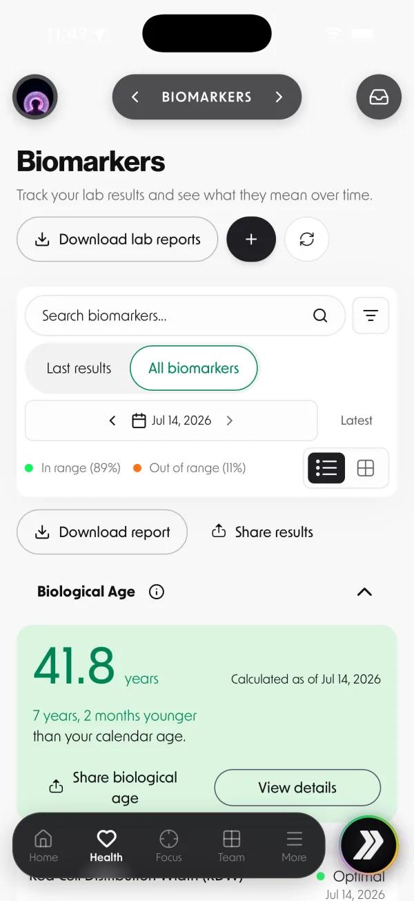 Biomarkers overview with results in range and biological age