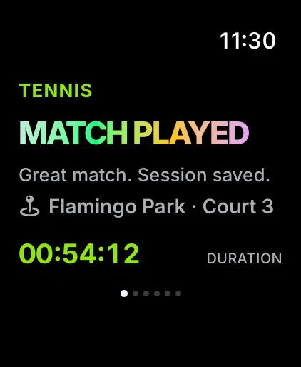 Watch review card: tennis match played, place and duration