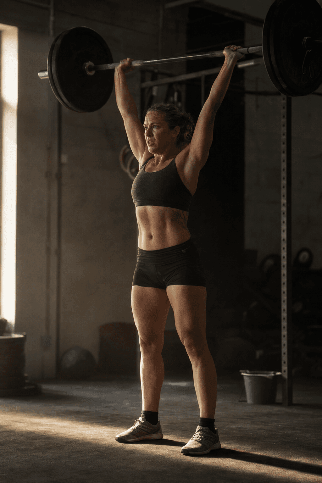 An athlete pressing a barbell overhead in a dark gym