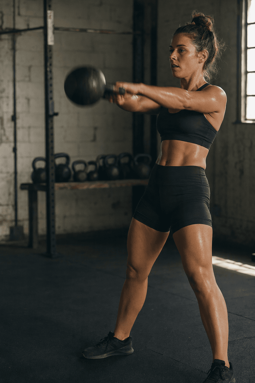 A young woman at the top of a kettlebell swing in a dark gym