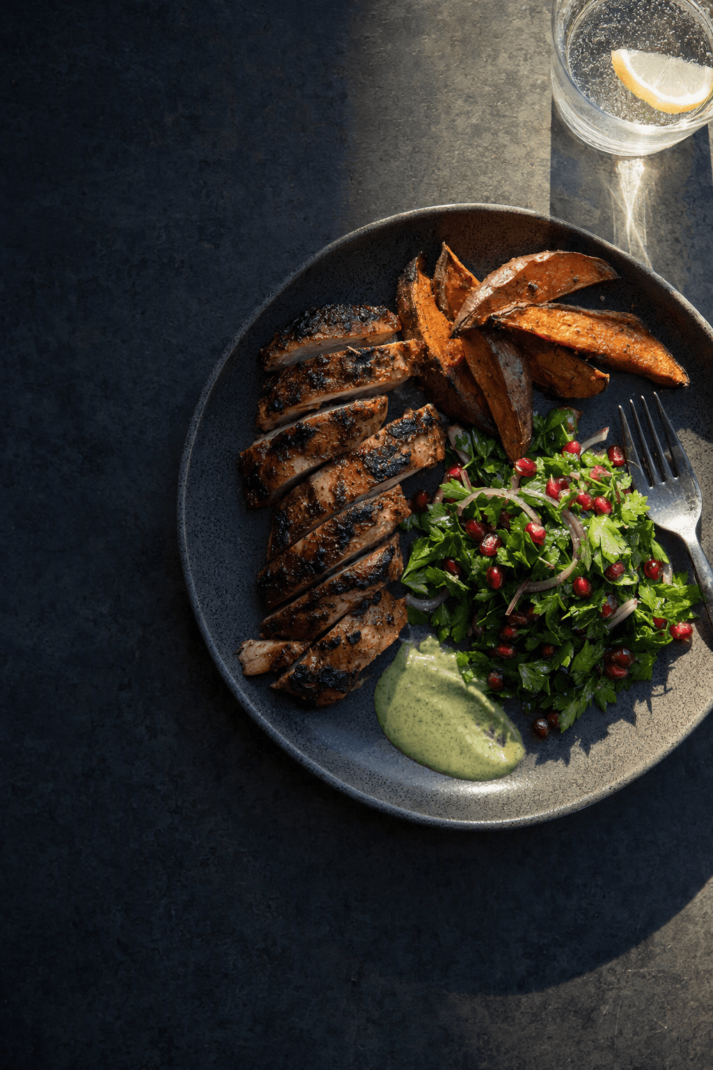 Grilled chicken with sweet potato and herb salad, top-down