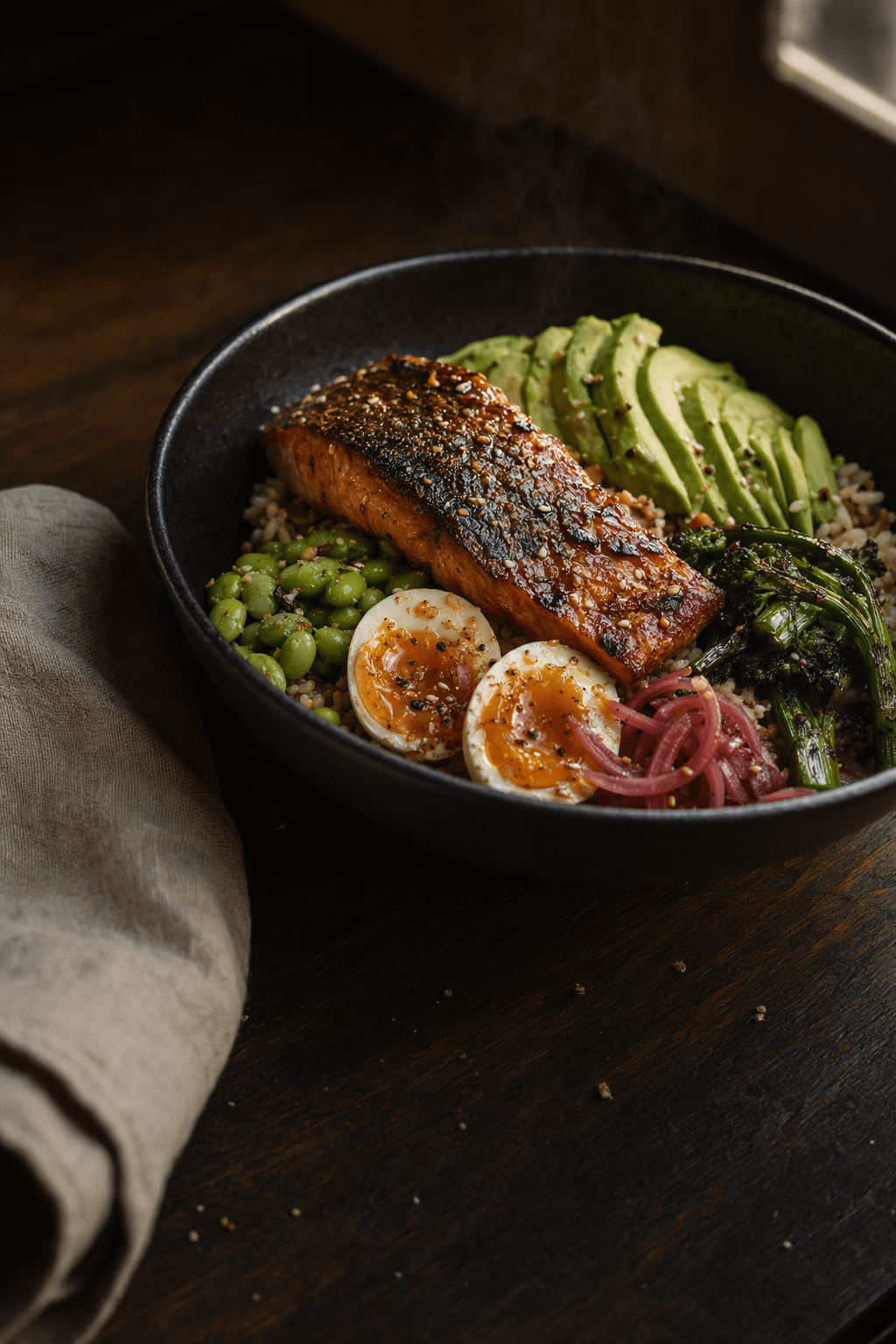 A seared salmon grain bowl with egg, avocado and greens